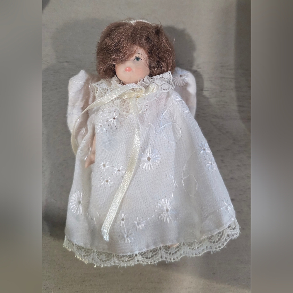Porcelain Angel Doll Ornament with White Lace Dress
